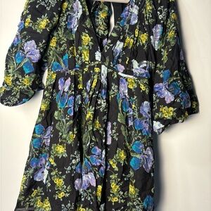 Free People Black Dress with Blue and Yellow Floral Design